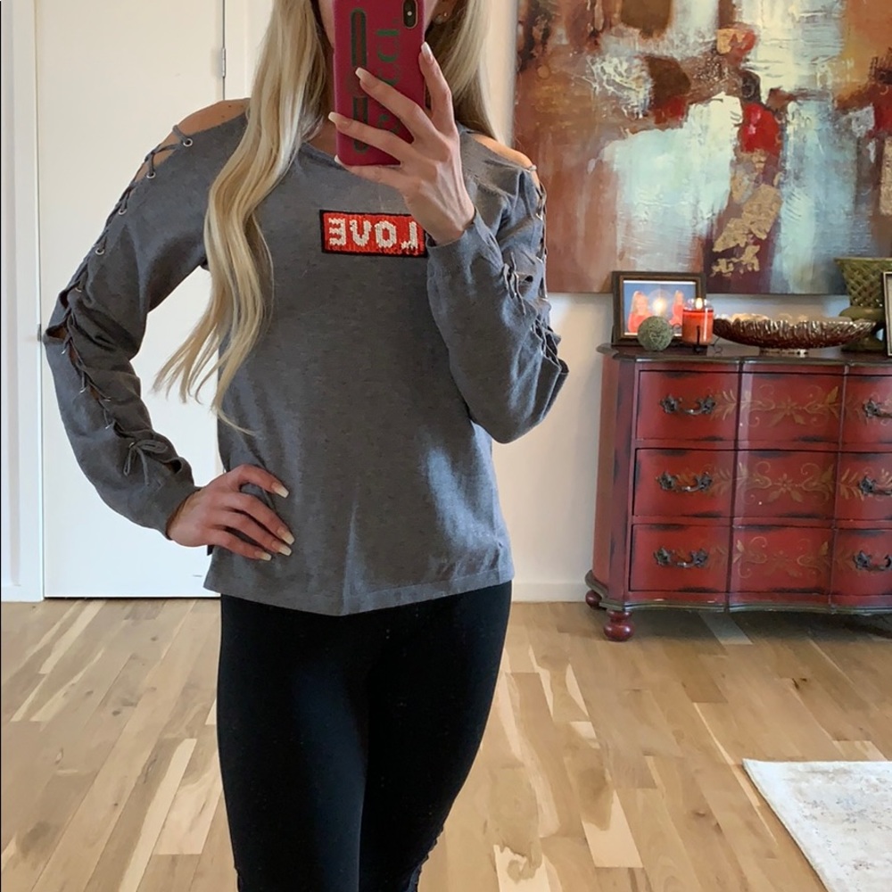 Lace-Up Sleeve Love Patch Sweater - Picture 4 of 8